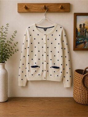 Poof! Cream Cardigan with Navy Polka Dots